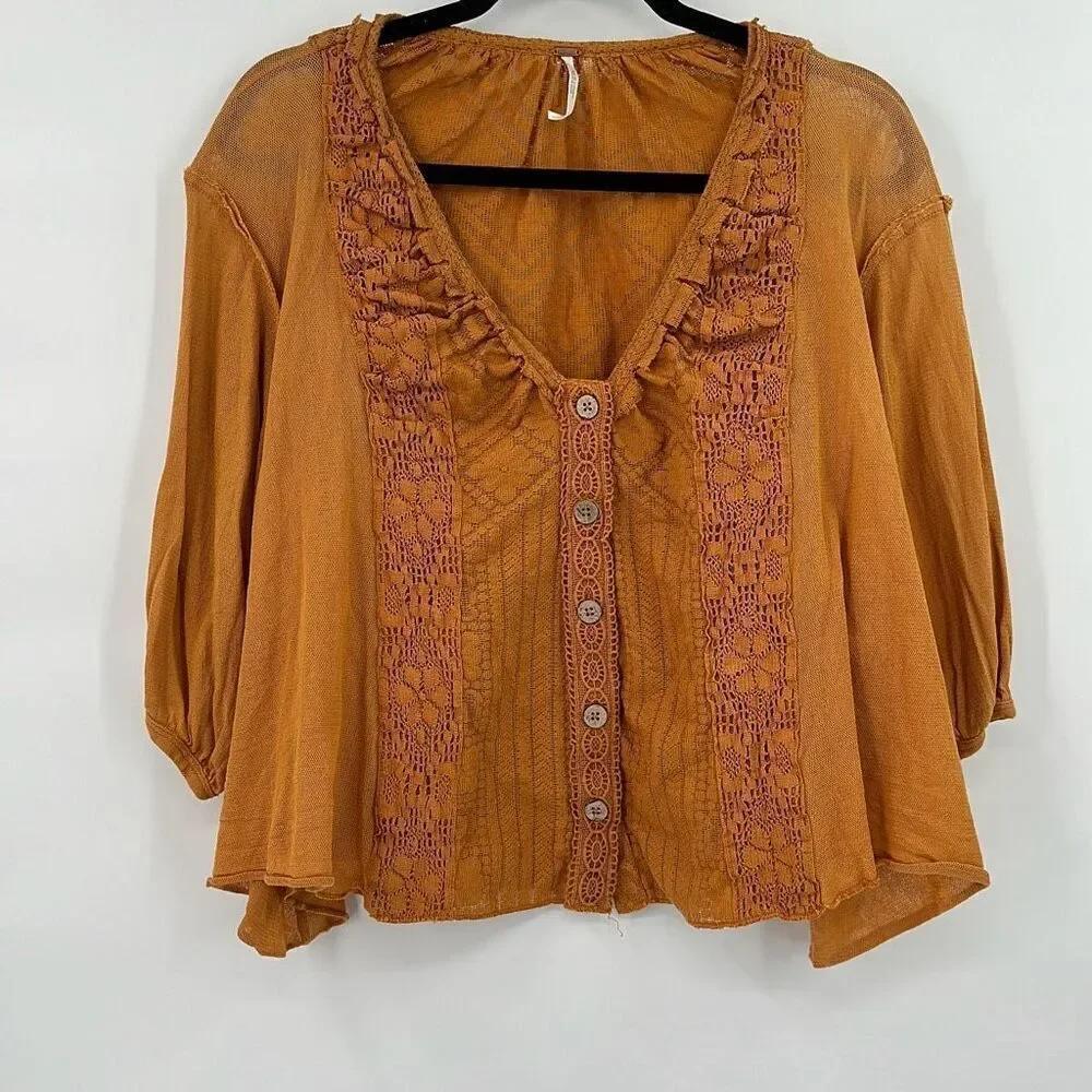 Free People Womens Rust Orange Button-Up Lace Trim Mae Top Size Medium